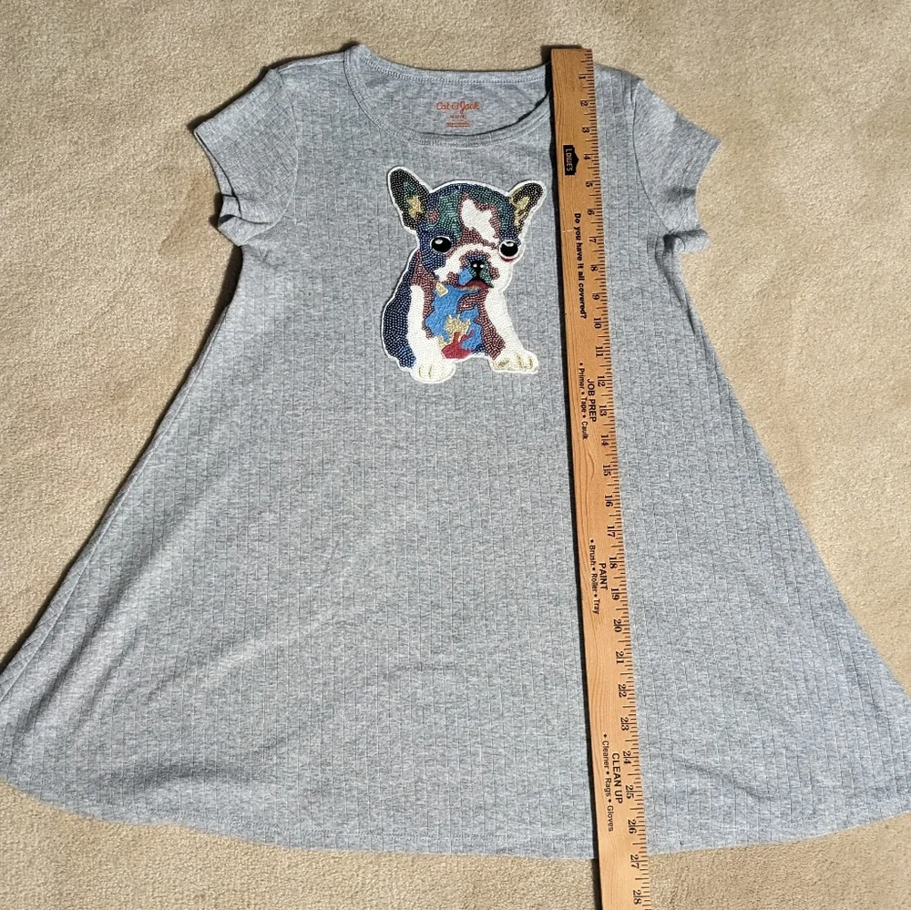 Girls Cat & Jack gray short‎ sleeve dress W/sequin puppy| size 7-8